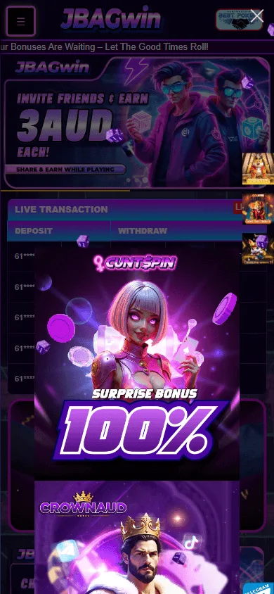 Jbagwin Casino game selection accessed from a mobile device