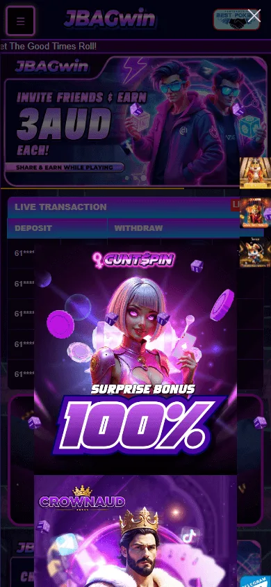 Jbagwin Casino home experience accessed from a mobile device