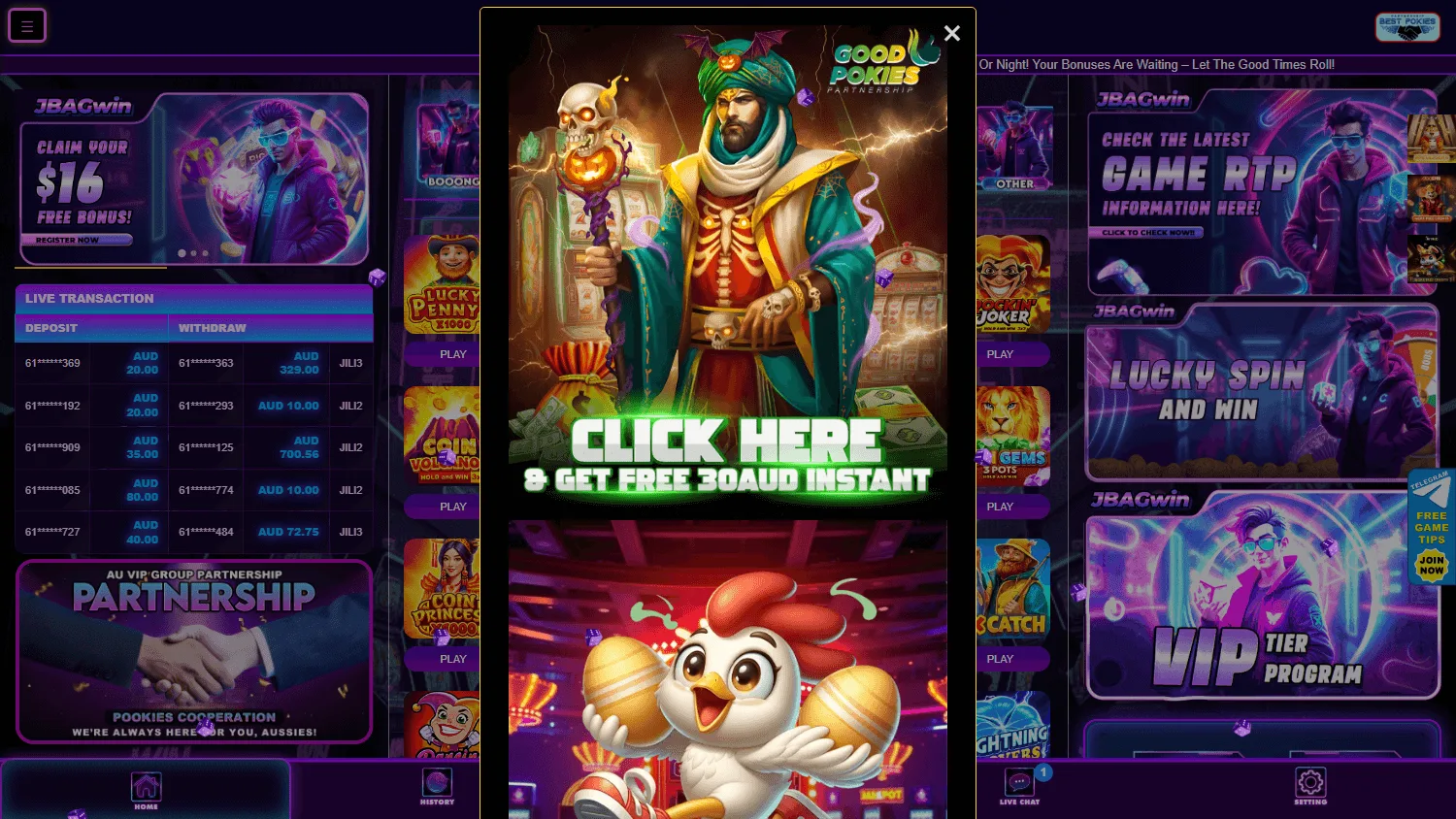 Jbagwin Casino desktop game selection with casino and live options